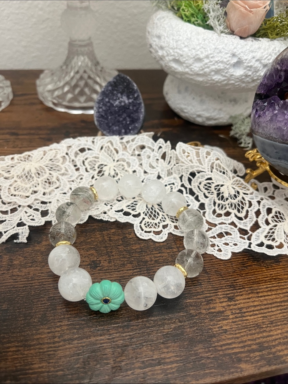 Clear Beaded Bracelet with Mint Green Flower Accent